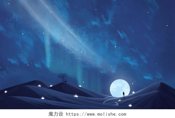 星地球空唯美手绘梦幻沙丘上的星空夜景插画海报背景